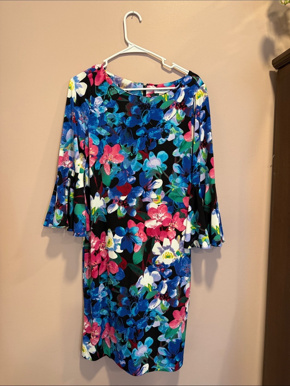 Calvin Klein Black Floral Midi Dress with Blue, Pink and Green Accents